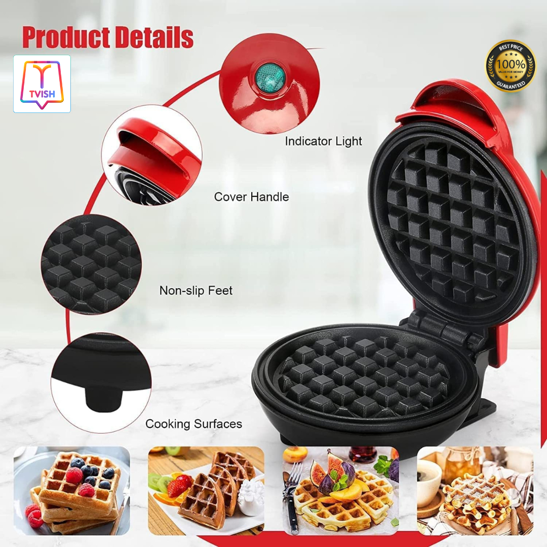 Mini Electronic Waffle Maker To Make Breakfast, Dessert, Sandwich, Pan Cakes, Paninis.